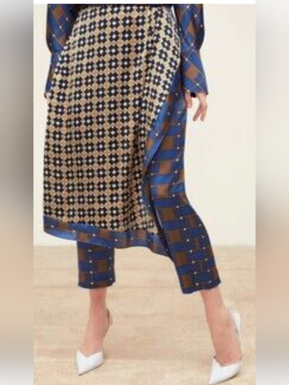 NWT Zara Satin Effect Geometric Wrap Trouser Skirt Pants Blue Palazzo Size M (28